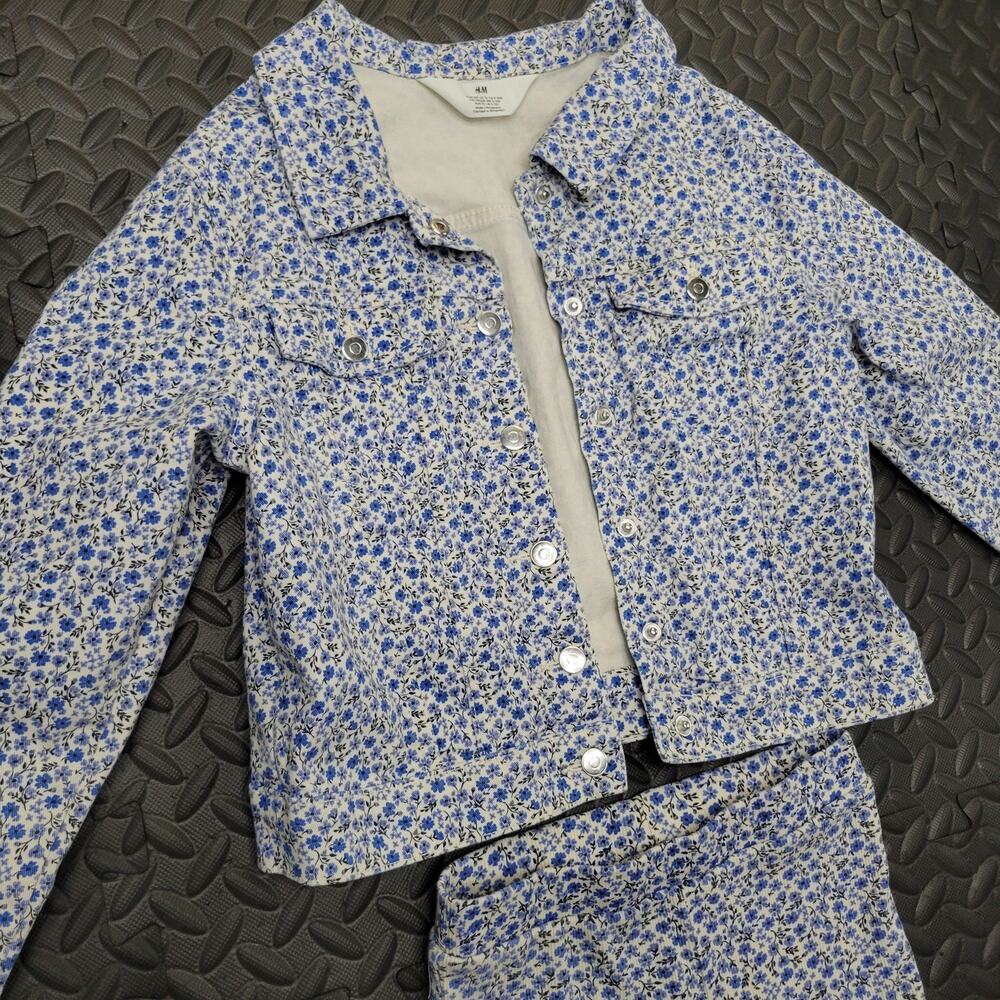 H&M Blue Floral Matching Set US 8/10 Jacket Flare Pants Y2K Coquette